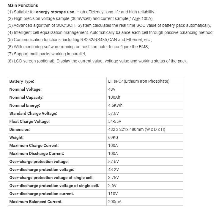 LiFePO4 Battery 48V100ah 69kg Lithium Solar Battery with CE /Un38.3/ IEC62133 /MSDS Batterie De Solar