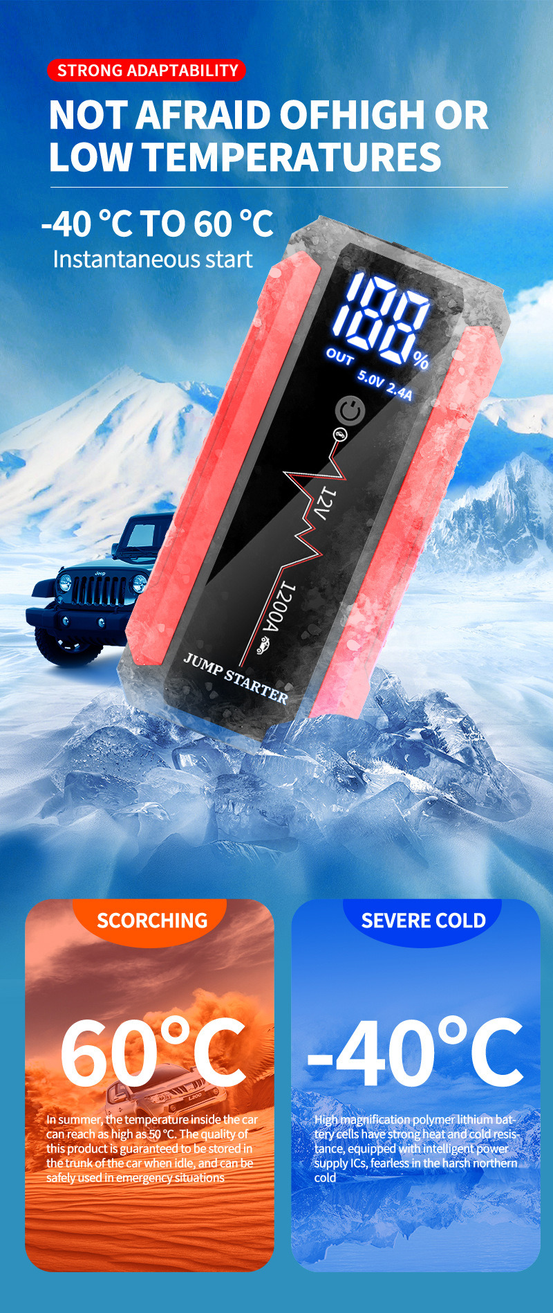 Mica Portable Multifunctional 12V 10000mAh Car Jump Booster 1200A Low Temperature Flashlight Power Bank Jump Starter