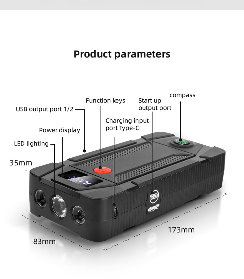 Factory ISO9001 China 12V 12000mAh Multi Function Automobile Emergency Starting Power Supply Jump Starter Car Booster Battery with Compass High Capacity