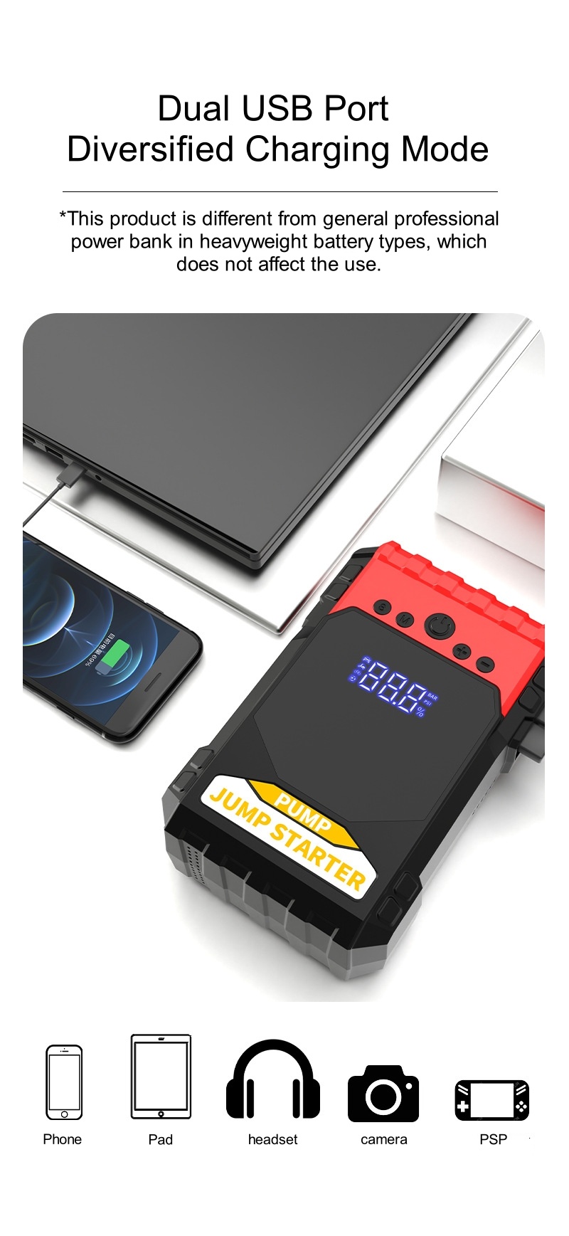 Cold Environment 12V 1000A Portable Car Booster Flashlight Inflator Pump Multifunction Jump Starter