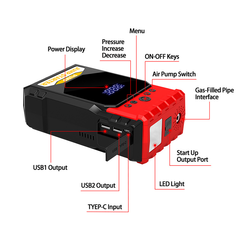 Cold Environment 12V 1000A Portable Car Booster Flashlight Inflator Pump Multifunction Jump Starter
