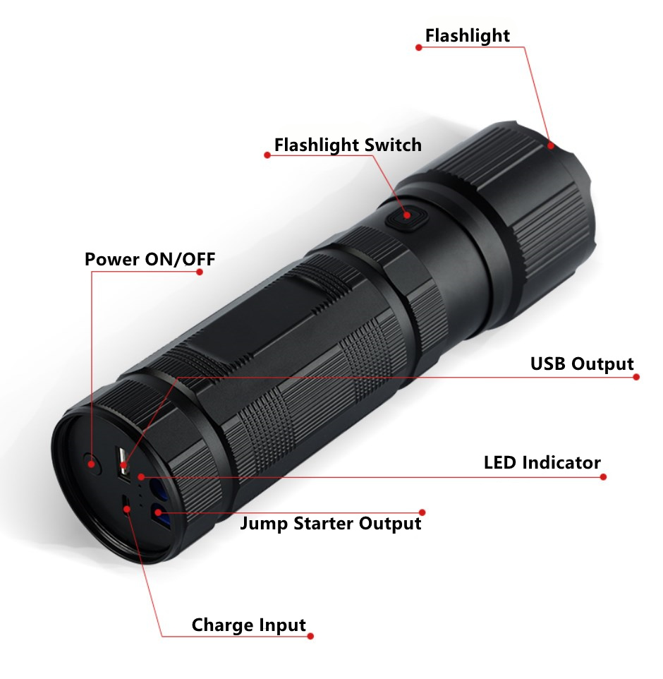 Waterproof Multi-Function Auto Emergency USB Car Jump Starter with LED Flashlight 12V 200A 500A